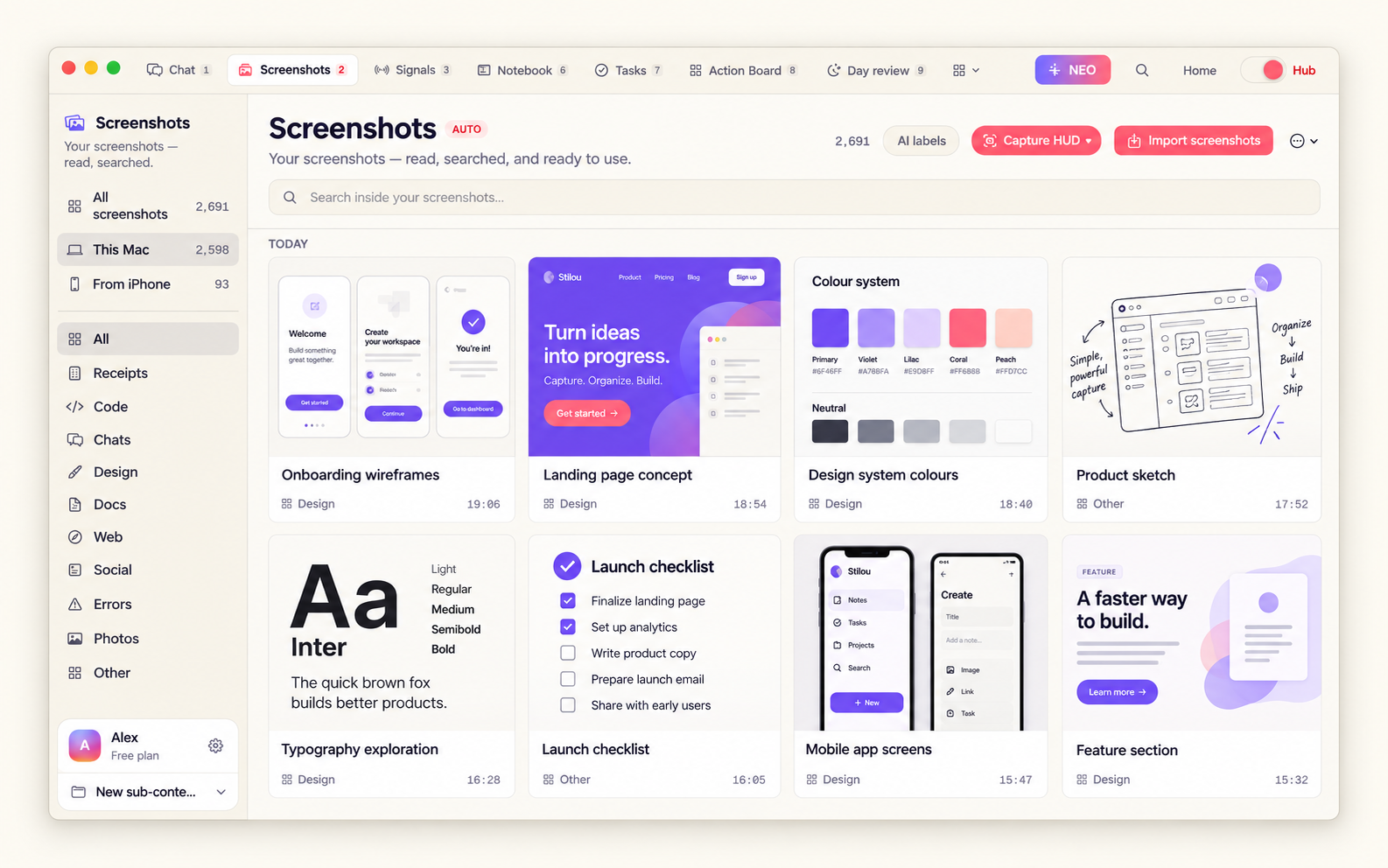 Stilou screenshot-library illustration based on the app: searchable saved wireframes, design references and project ideas