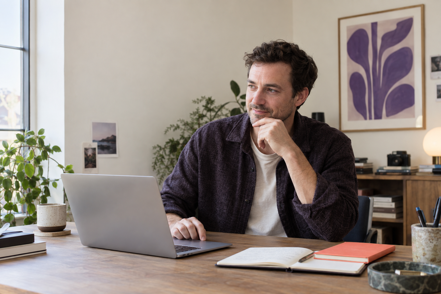 Illustrative founder thinking through an idea at his studio desk